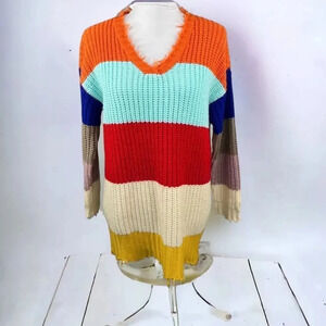 Dress Up Colorful Striped Tunic Sweater V Neck Frayed Trim Size S